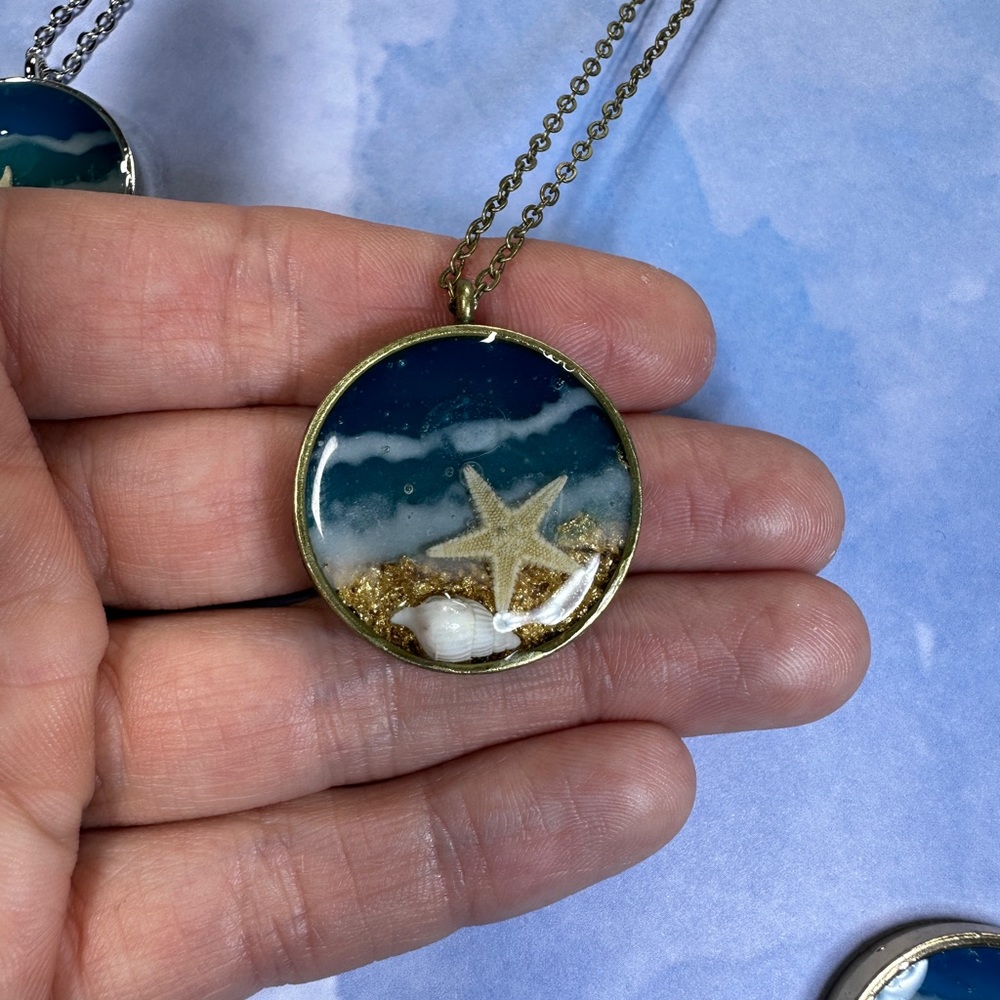 Beach Bound Gold Silver Bronze Handmade Resin Necklace Sea Shells Starfish Ocean